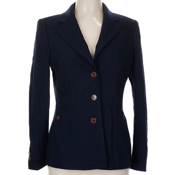 Escada Size EU 38 / US 8 Wool blazer Navy Blue Brown Buttons jacket - Picture 2 of 11